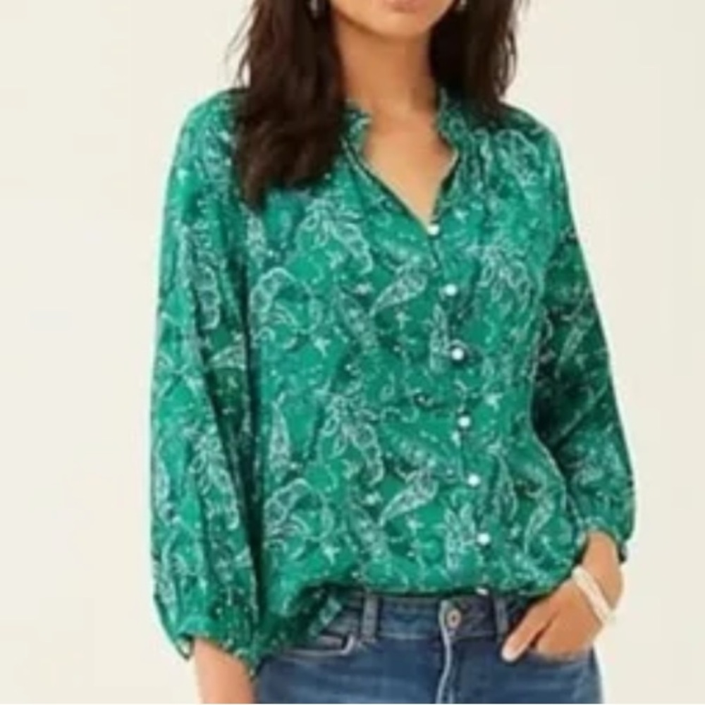 J.Jill Women L Petite Green Paisley Long Sleeve Button Front Ruffled Satin Top